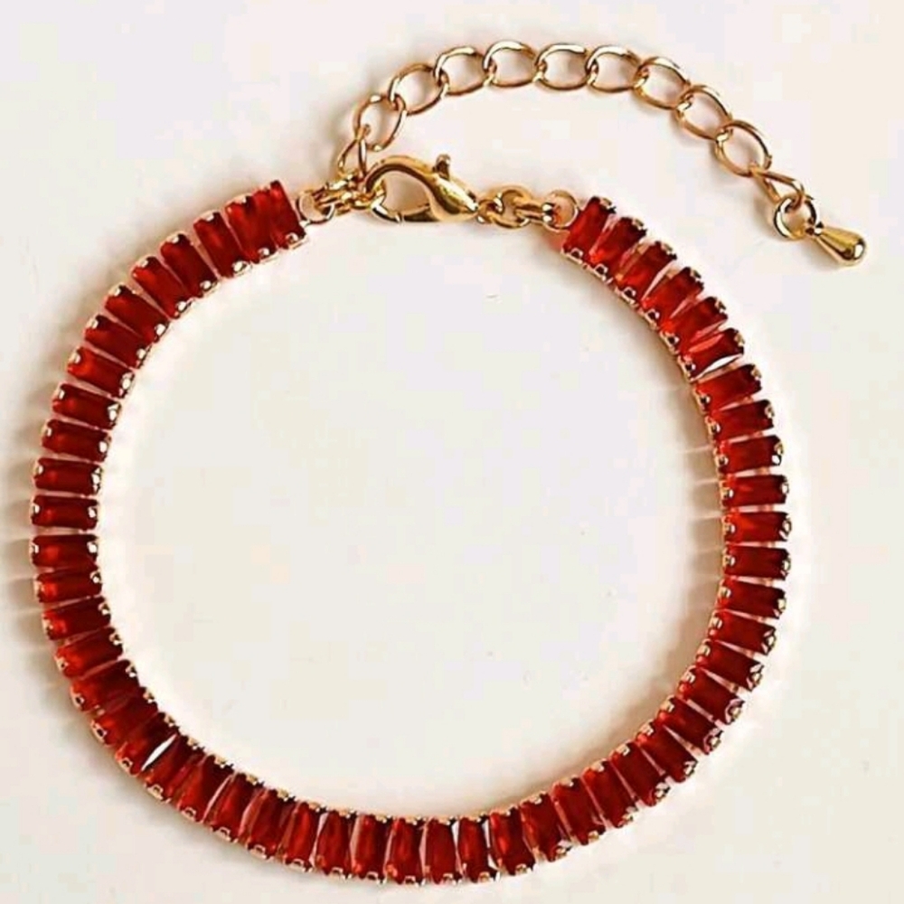 Red Rhinestones With Adjustable Gold Chain Bracelet